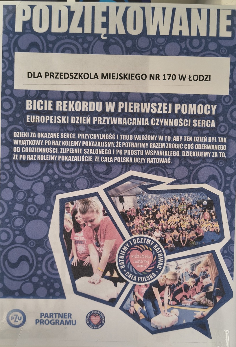 Plakat z podziękowaniem za udział w akcji bicia rekordu w udzielaniu pierwszej pomocy. Treść zamieszczona na plakacie znajduje się pod zdjęciem.