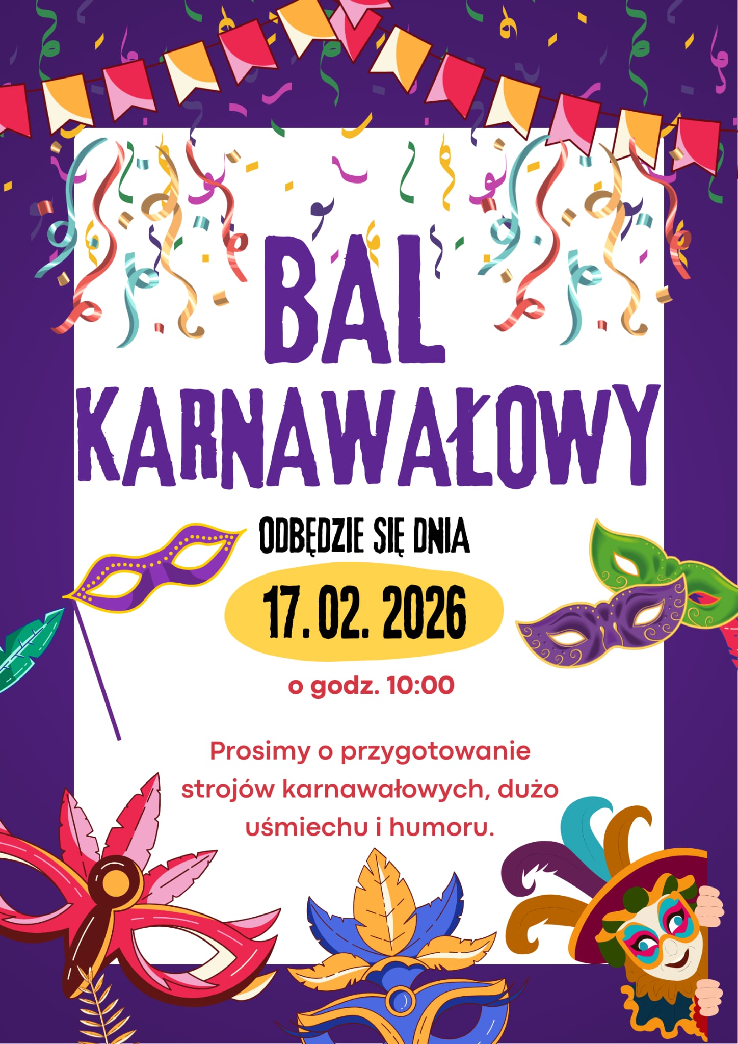 Plakat informujący o balu karnawałowym. Treść plakatu znajduje się całkowicie w tekście tego newsa.