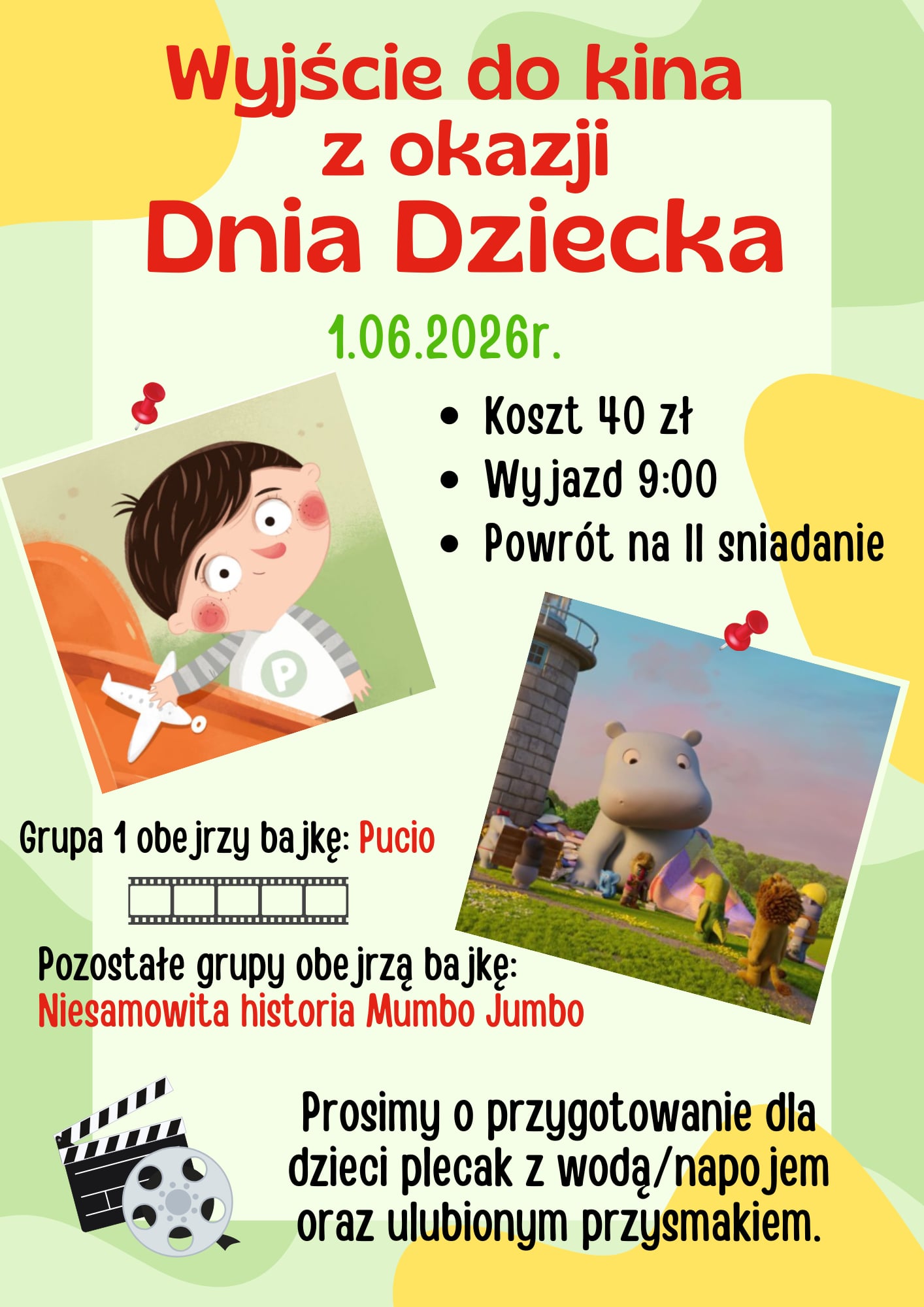 Plakat informacyjny na temat wyjścia do kina z okazji Dnia Dziecka. Treść plakatu znajduje się także w tekście poniżej.