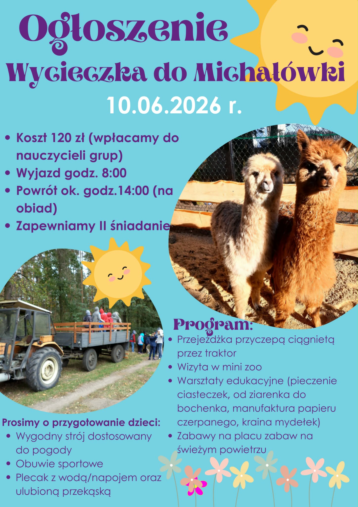 Plakat informacyjny na temat wycieczki do Michał&oacute;wki w 2026r. Treść plakatu znajduje się w tekście poniżej.