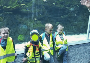 Dzieci pozują do zdjęcia przed akwarium.