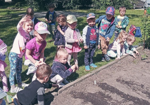 Grupa dzieci przygląda się uporządkowanemu ogródkowi.