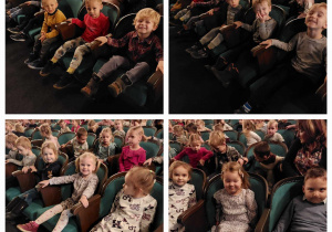 Dzieci siedzą na widowni w teatrze. Kolaż.