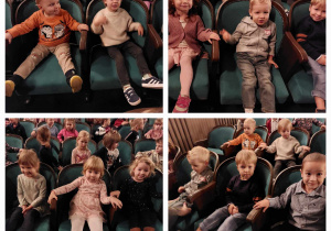 Dzieci siedzą na widowni w teatrze. Kolaż.