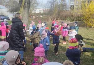 Dzieci wyganiają zimę i Marzannę w czasie spaceru z kukłą i zabaw muzycznych na świeżym powietrzu.