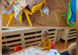 Kolaż zdjęć numer 3. Dzieci siedzą przy stolikach i bawią się masą plastyczną.