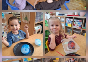 Kolaż zdjęć nr 2. Dzieci siedzą przy stolikach, przed dziećmi leżą talerzyki z lodem. Dzieci malują lód farbami.