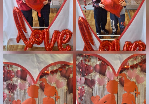 Kolaż nr 1 ze zdjęć na których dzieci pozują w parach do pamiątkowych zdjęć walentynkowych.