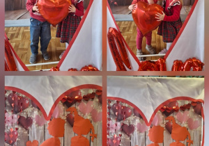 Kolaż nr 2 ze zdjęć na których dzieci pozują w parach do pamiątkowych zdjęć walentynkowych.