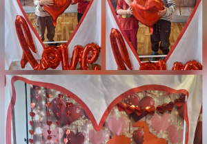 Kolaż nr 3 ze zdjęć na których dzieci pozują w parach do pamiątkowych zdjęć walentynkowych.