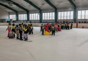 Drużyny zawodników ustawione w grupkach na tafli lodowiska.