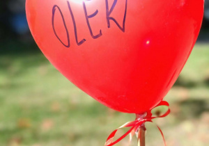 Patyczki z balonikami w kształcie serc ozdabiają ogród przedszkolny. Zbliżenie na balonik z napisem "Olek".